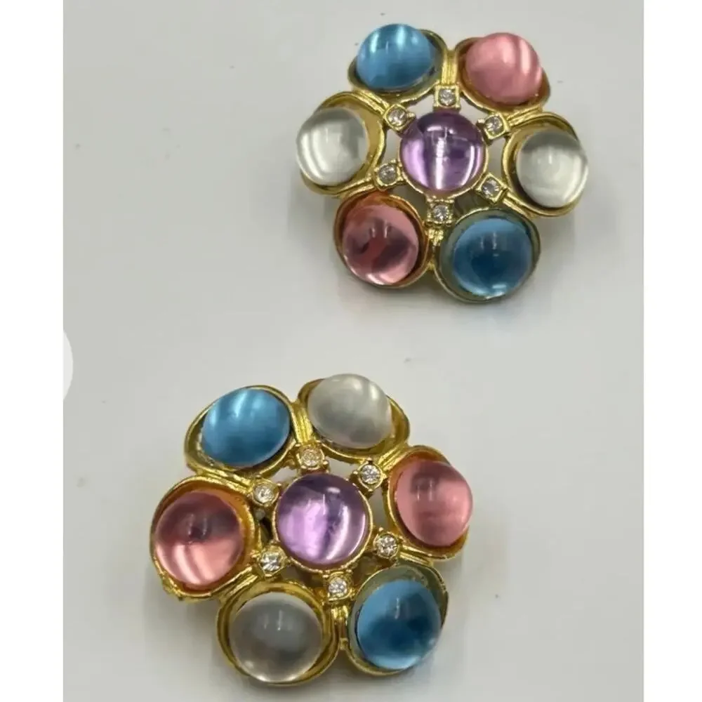 Vintage Pastel Colors Flower Cabochons Moon glow Clip On Gold‎ Tone Earrings